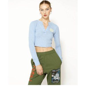 BOYS LIE Misty Blue Crop Henley T Shirt Logo Long Sleeve Size Small